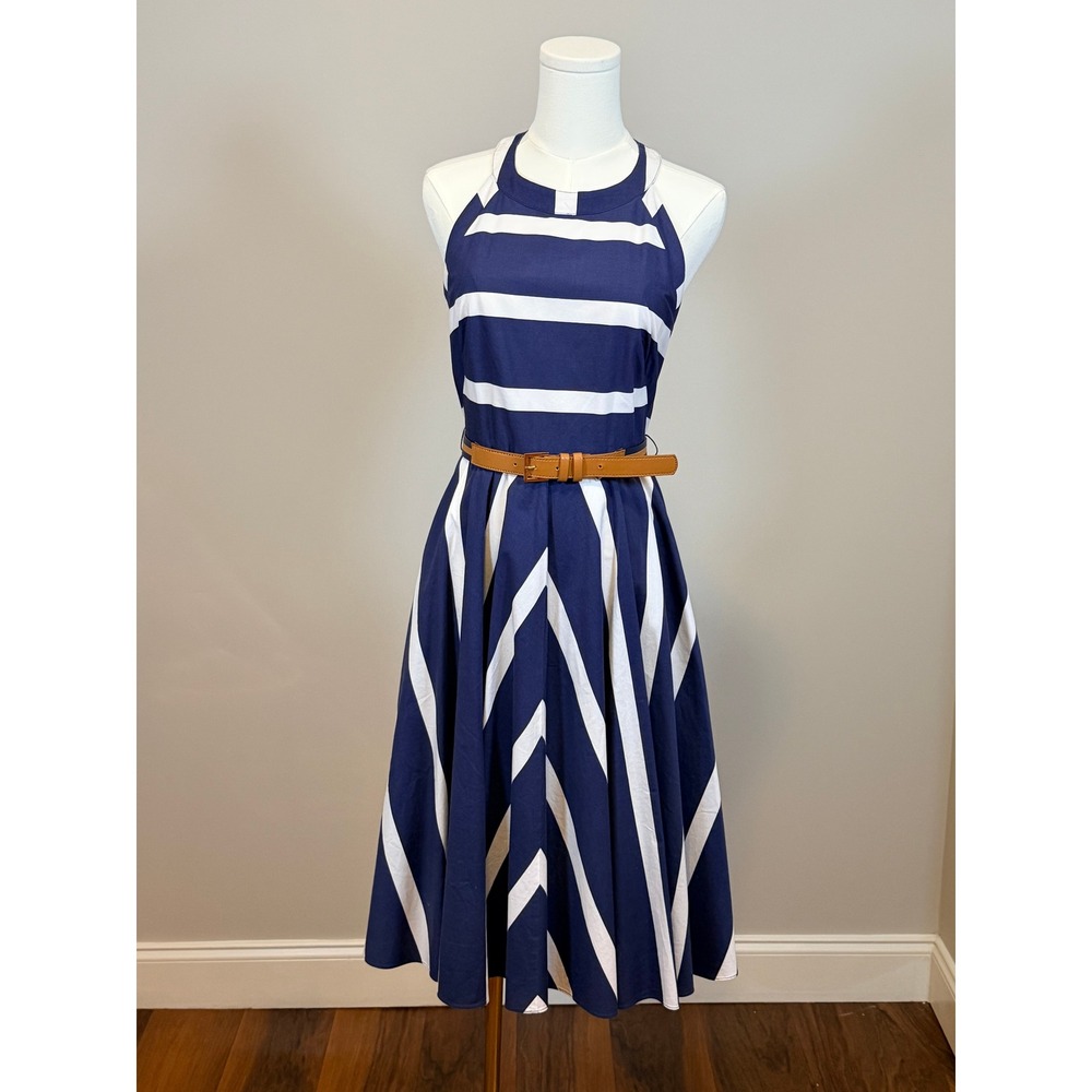 Eliza J Navy White Striped Halter Midi Dress with Belt Size 4 Fit and Flare